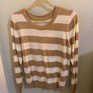Long sleeve lightweight knit sweater with cream and gold stripes